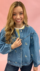 April Showers Floral Embroidered Denim Jacket