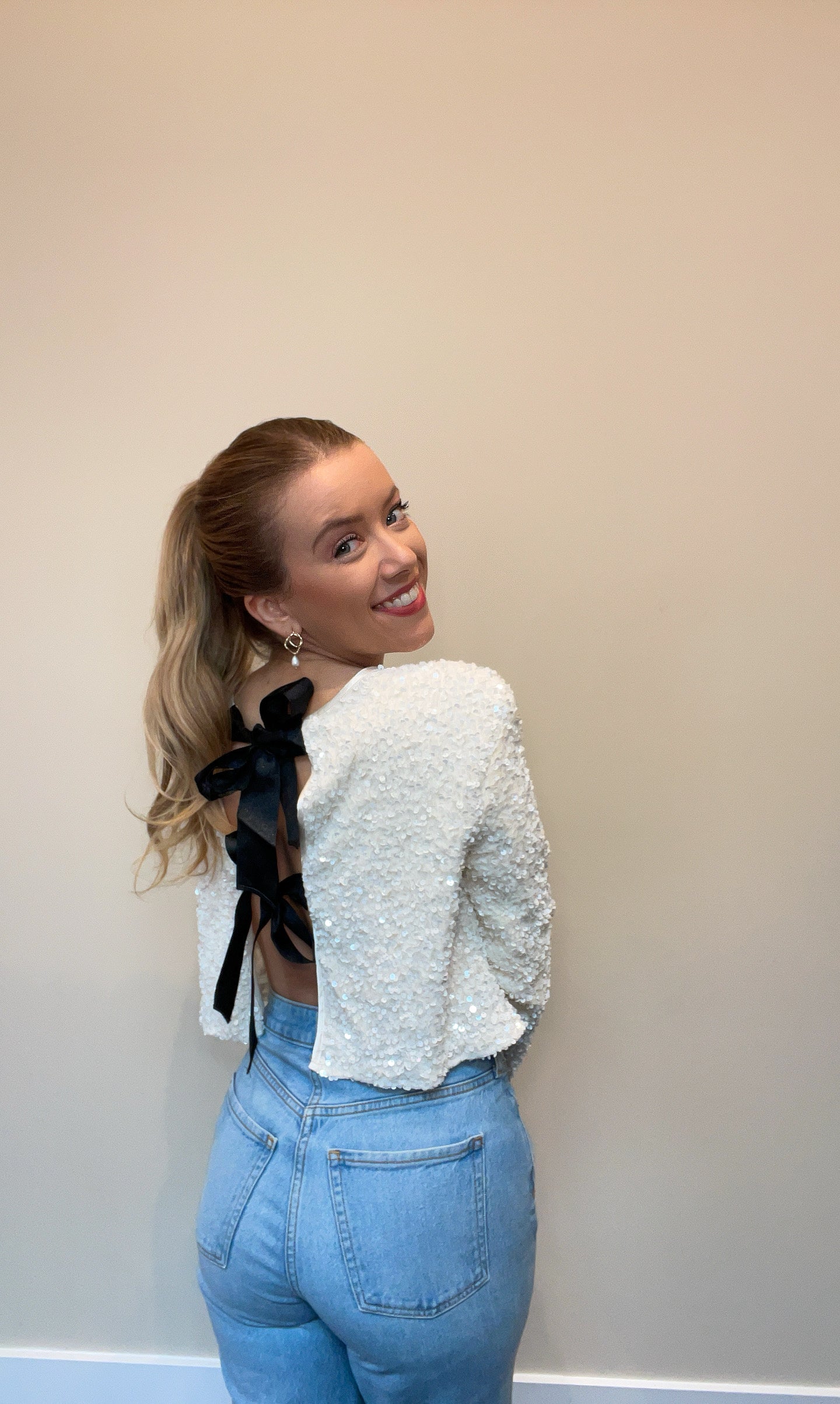 Pretty As A Present Sequin Bow Tie-Closure Jacket - Ivory