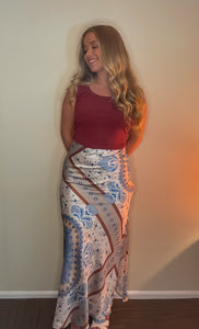 Sabrina Satin Scarf Print Maxi Skirt with Slit