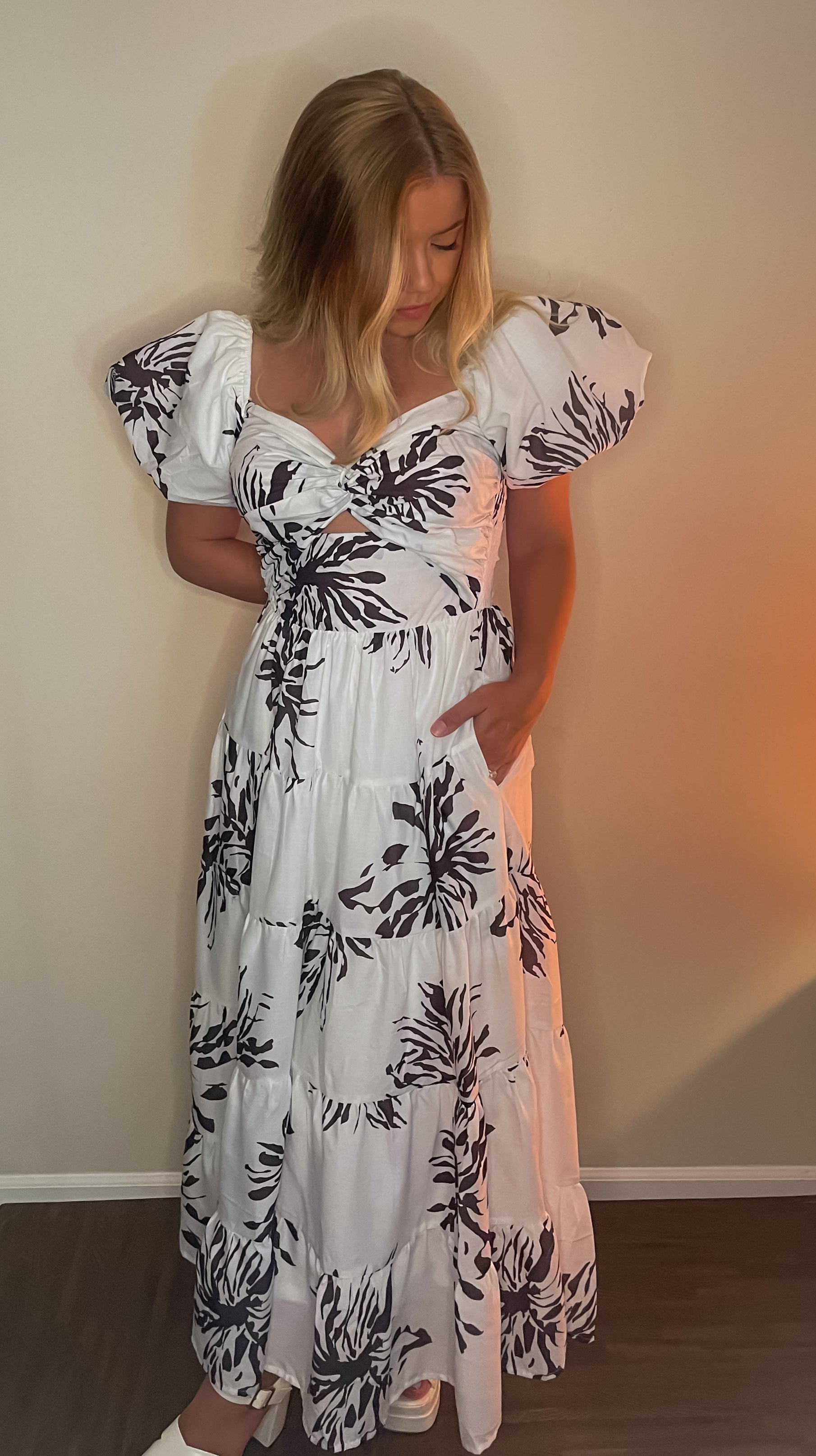 Elena Elegance White Patterned Maxi Dress