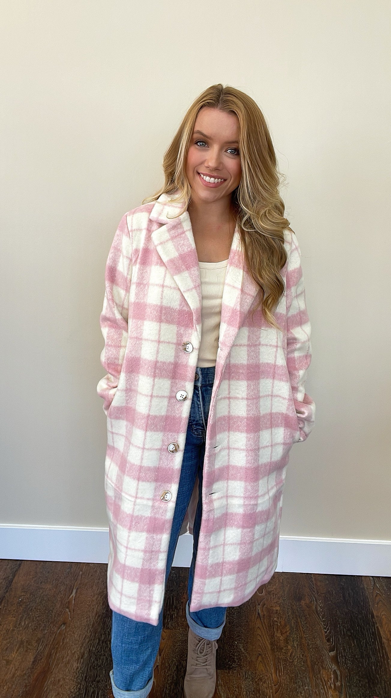 Hannah Pink Plaid Wool Coat