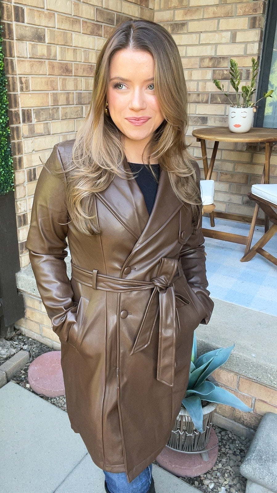 Mocha Latte Faux Leather Trench Coat