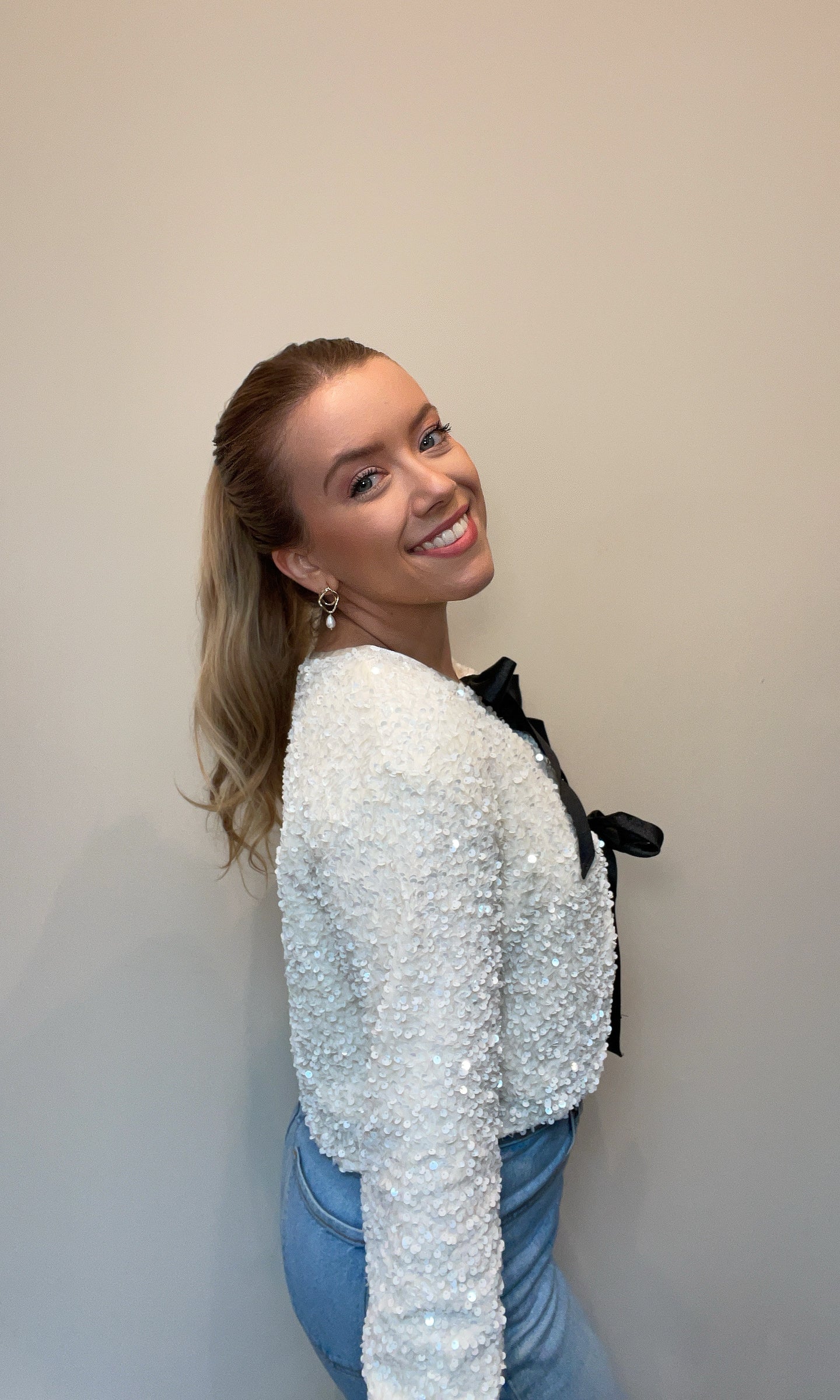 Pretty As A Present Sequin Bow Tie-Closure Jacket - Ivory