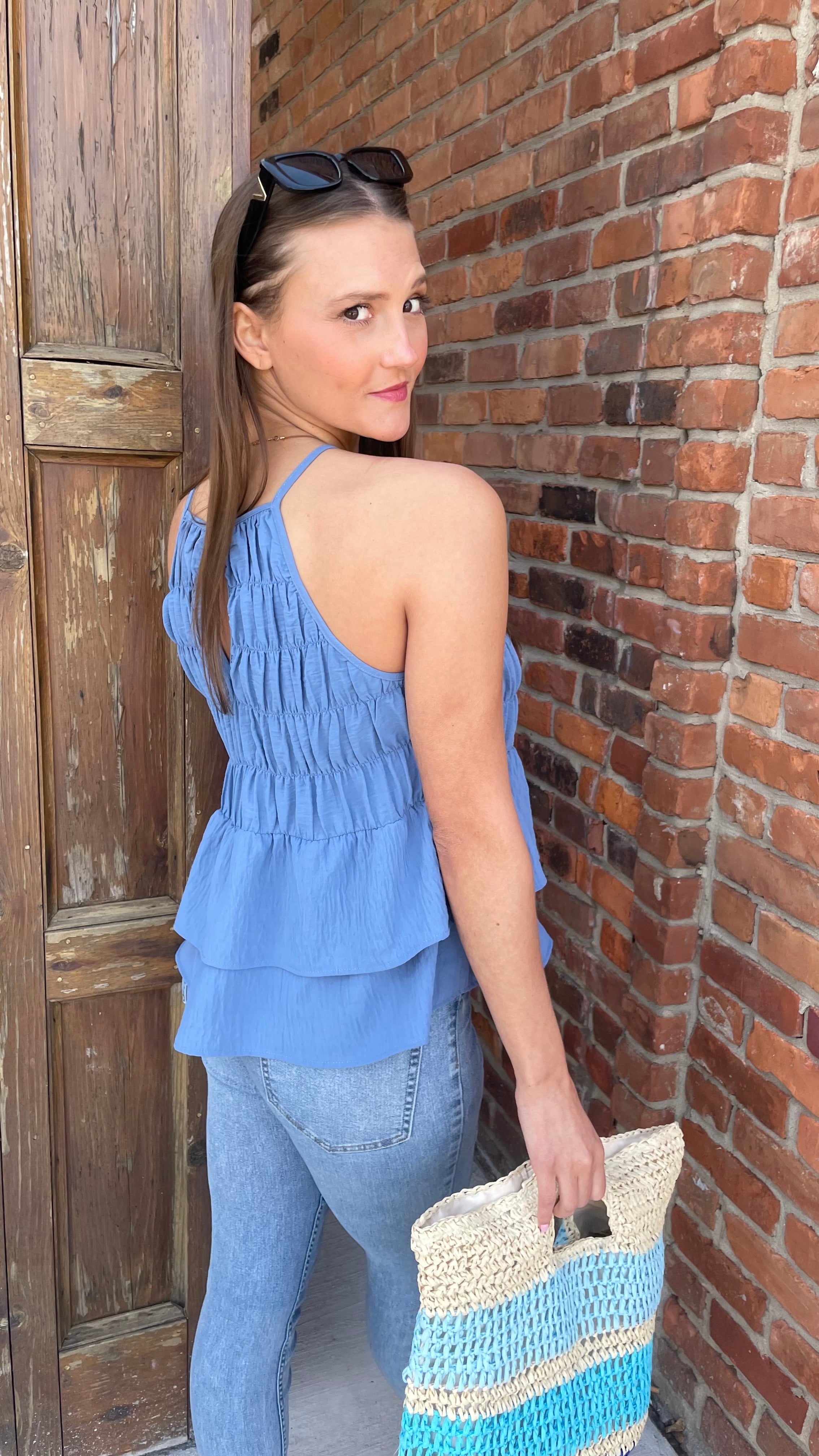 Ocean Blue Smocked Halter Neck Layered Peplum Top