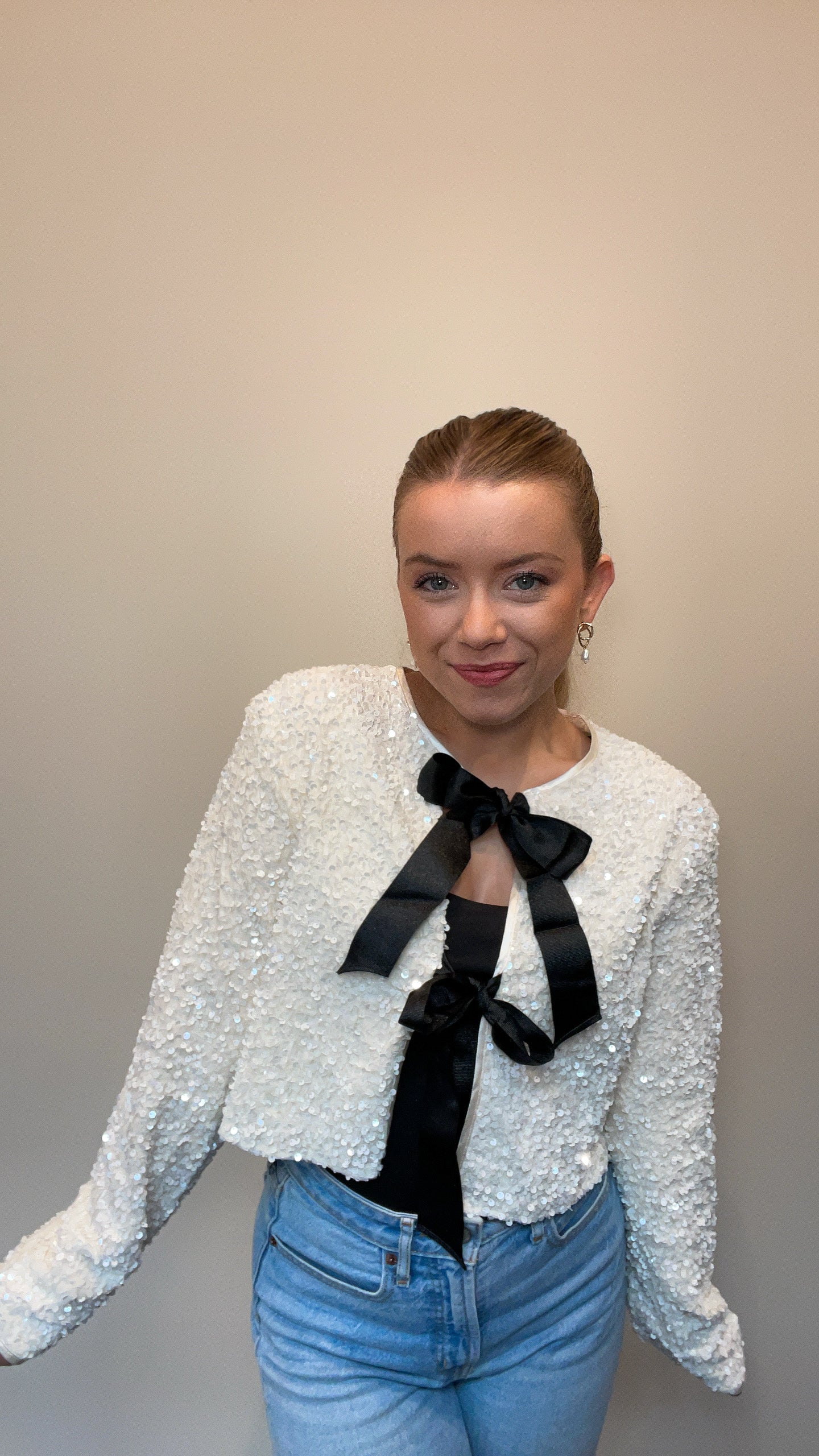 Pretty As A Present Sequin Bow Tie-Closure Jacket - Ivory