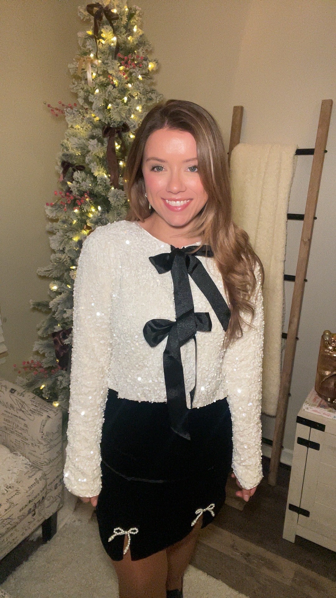 Pretty As A Present Sequin Bow Tie-Closure Jacket - Ivory