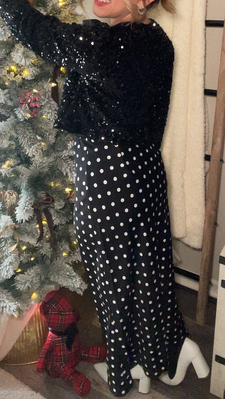 The Holiday Polka Dot Satin Midi Skirt