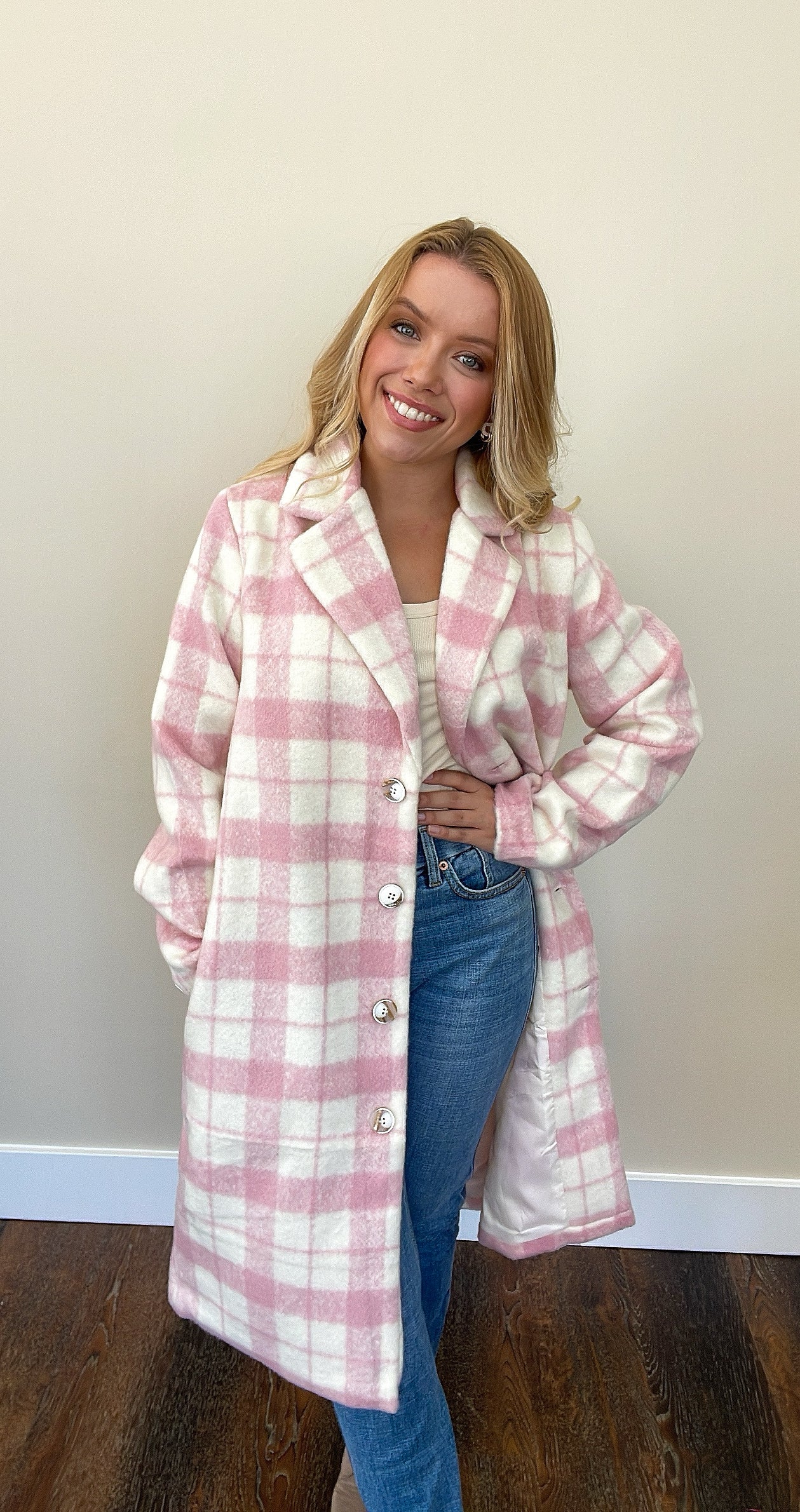 Hannah Pink Plaid Wool Coat