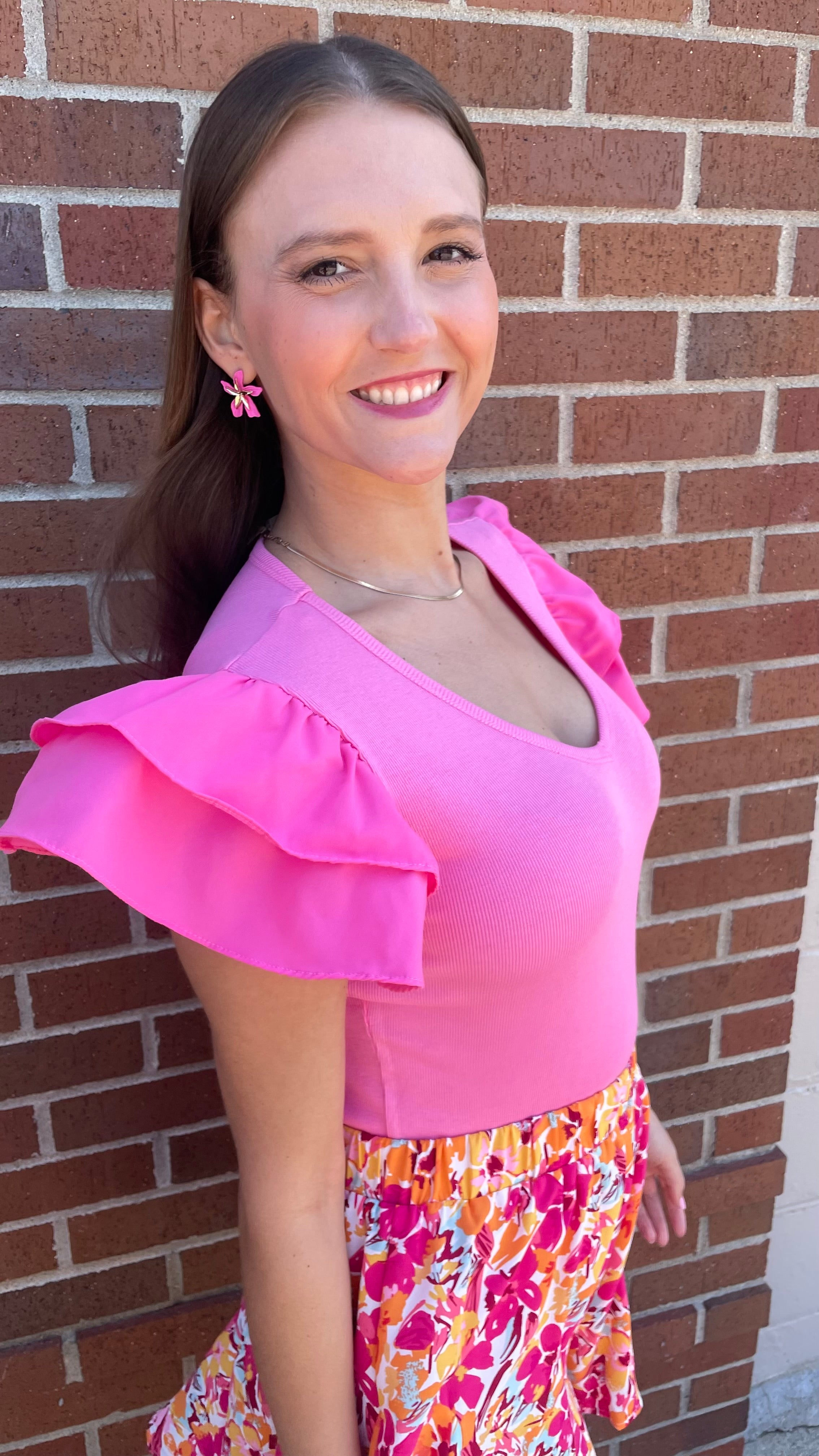 Radiant Pink Ribbed Flutter Sleeve Bodysuit