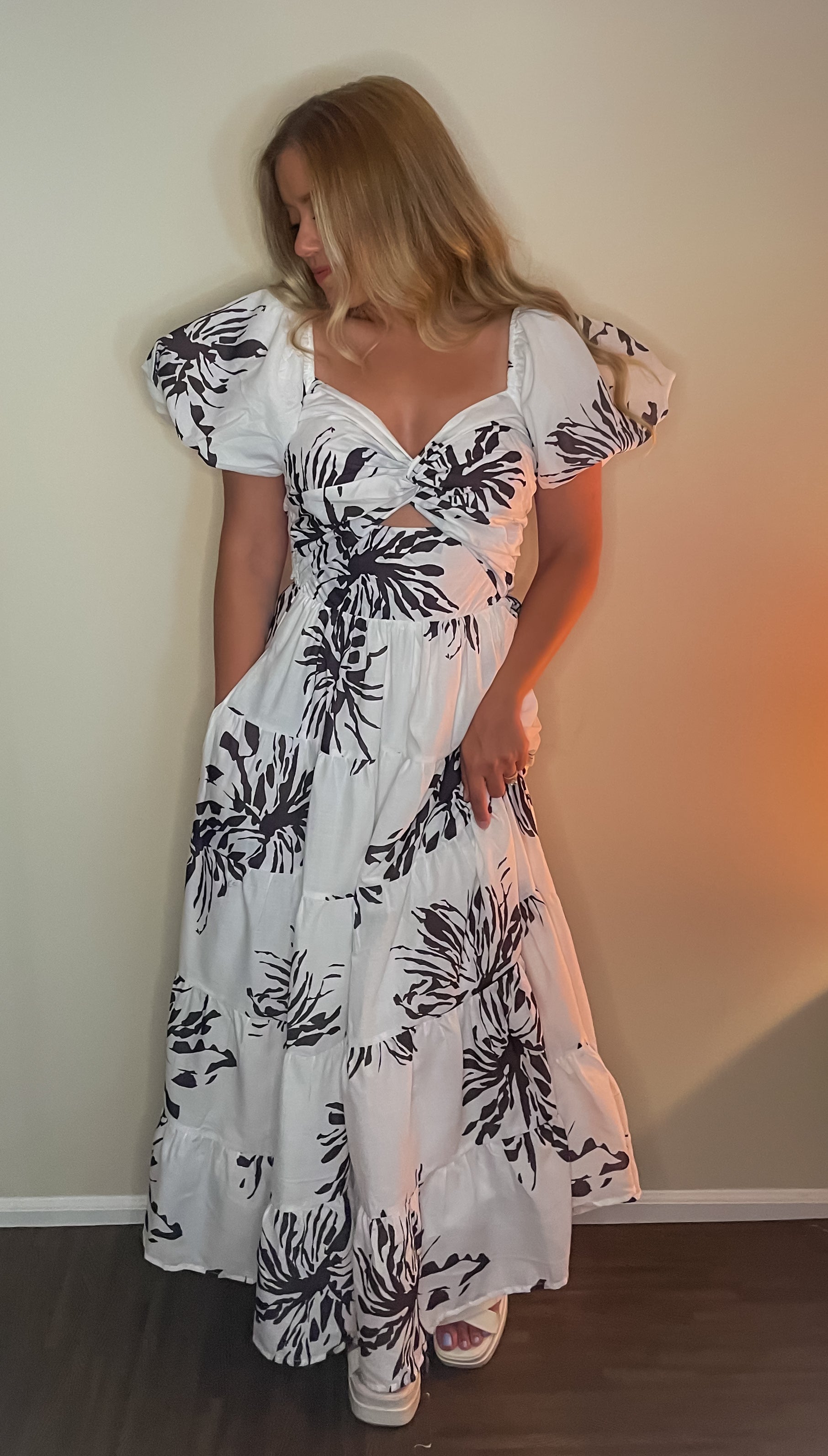 Elena Elegance White Patterned Maxi Dress