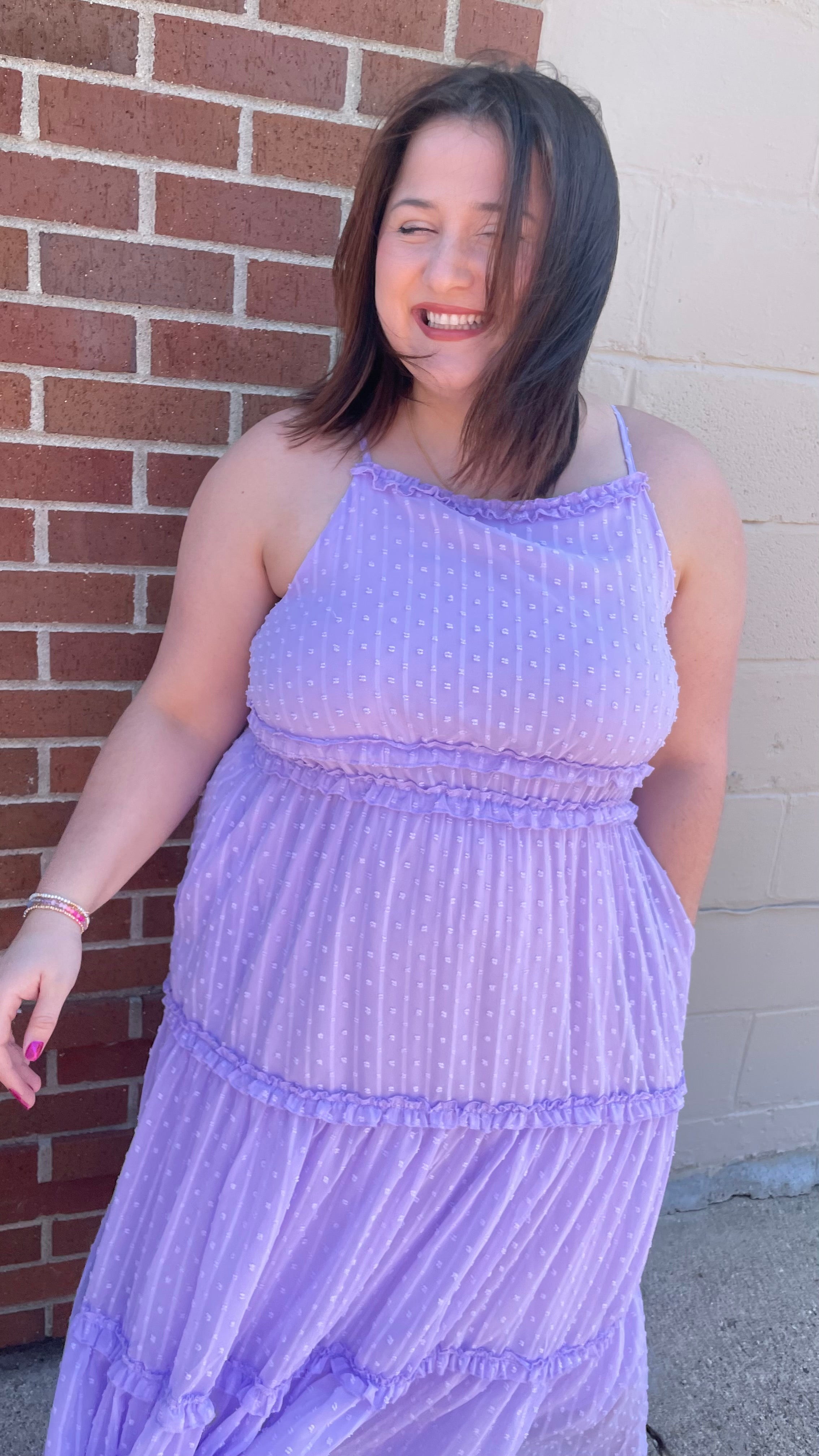 Lavender Swiss Dotted Ruffle Halter Midi Dress