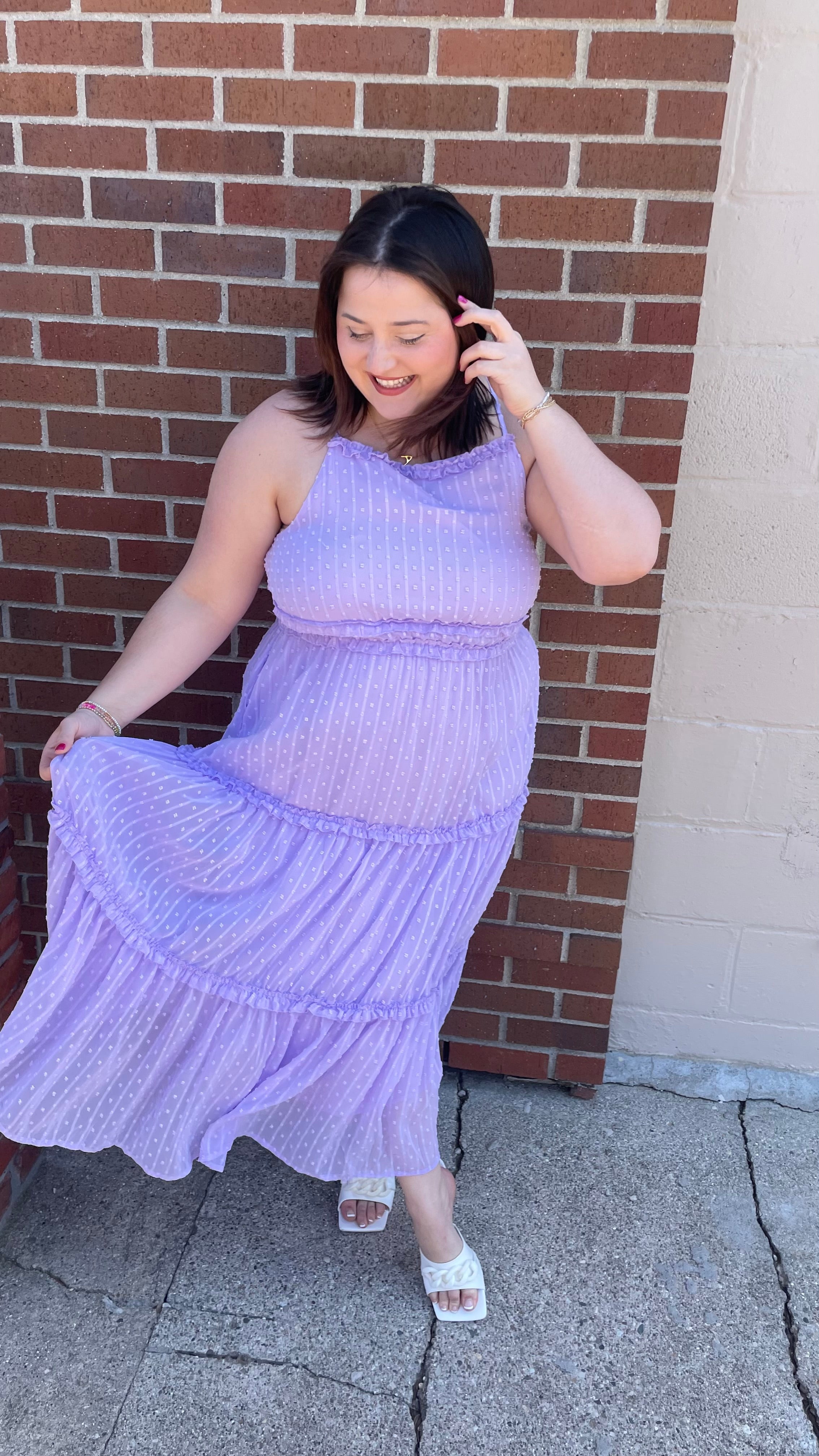 Lavender Swiss Dotted Ruffle Halter Midi Dress