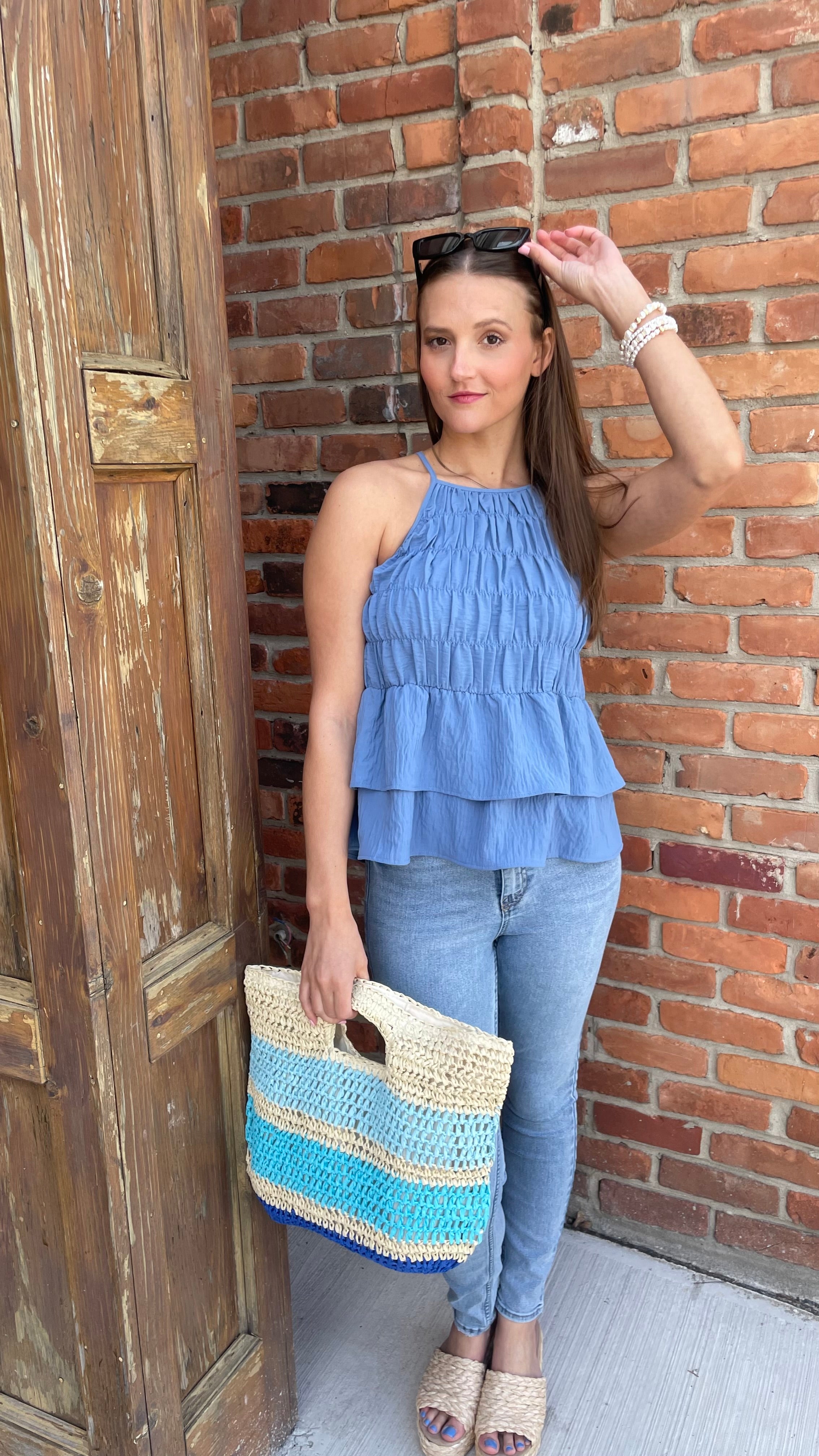 Ocean Blue Smocked Halter Neck Layered Peplum Top