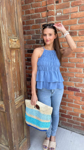 Ocean Blue Smocked Halter Neck Layered Peplum Top