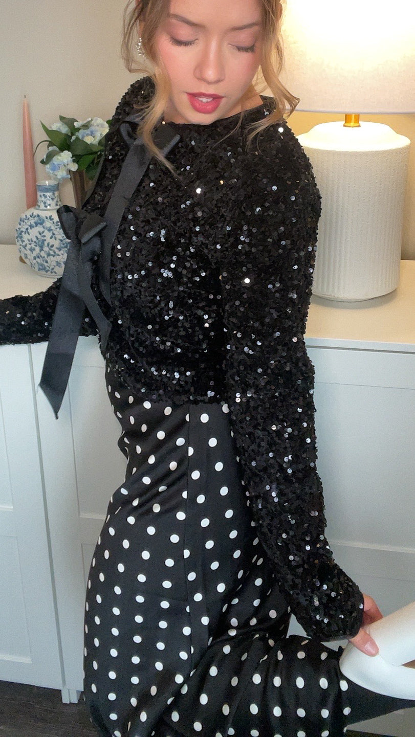 The Holiday Polka Dot Satin Midi Skirt