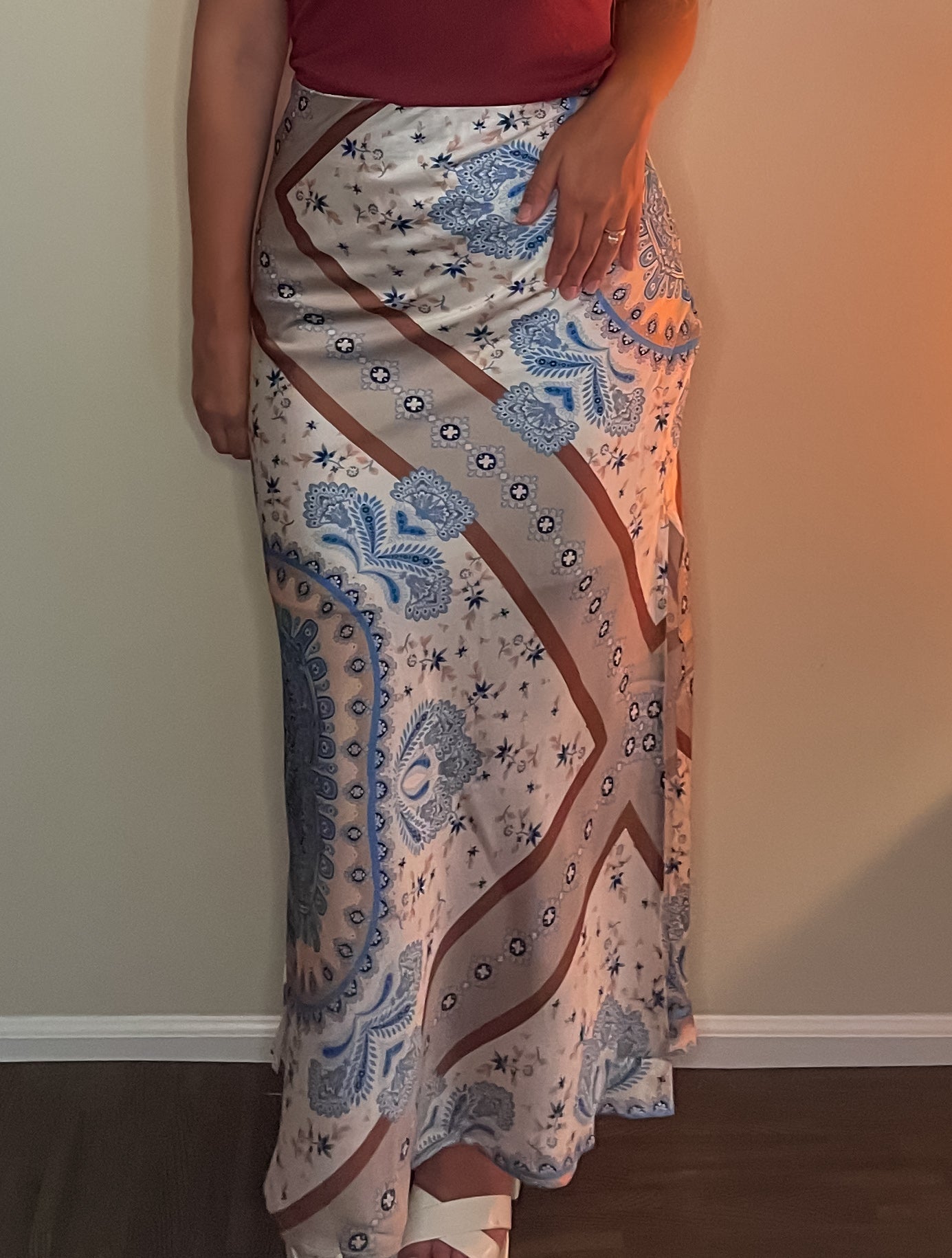 Sabrina Satin Scarf Print Maxi Skirt with Slit