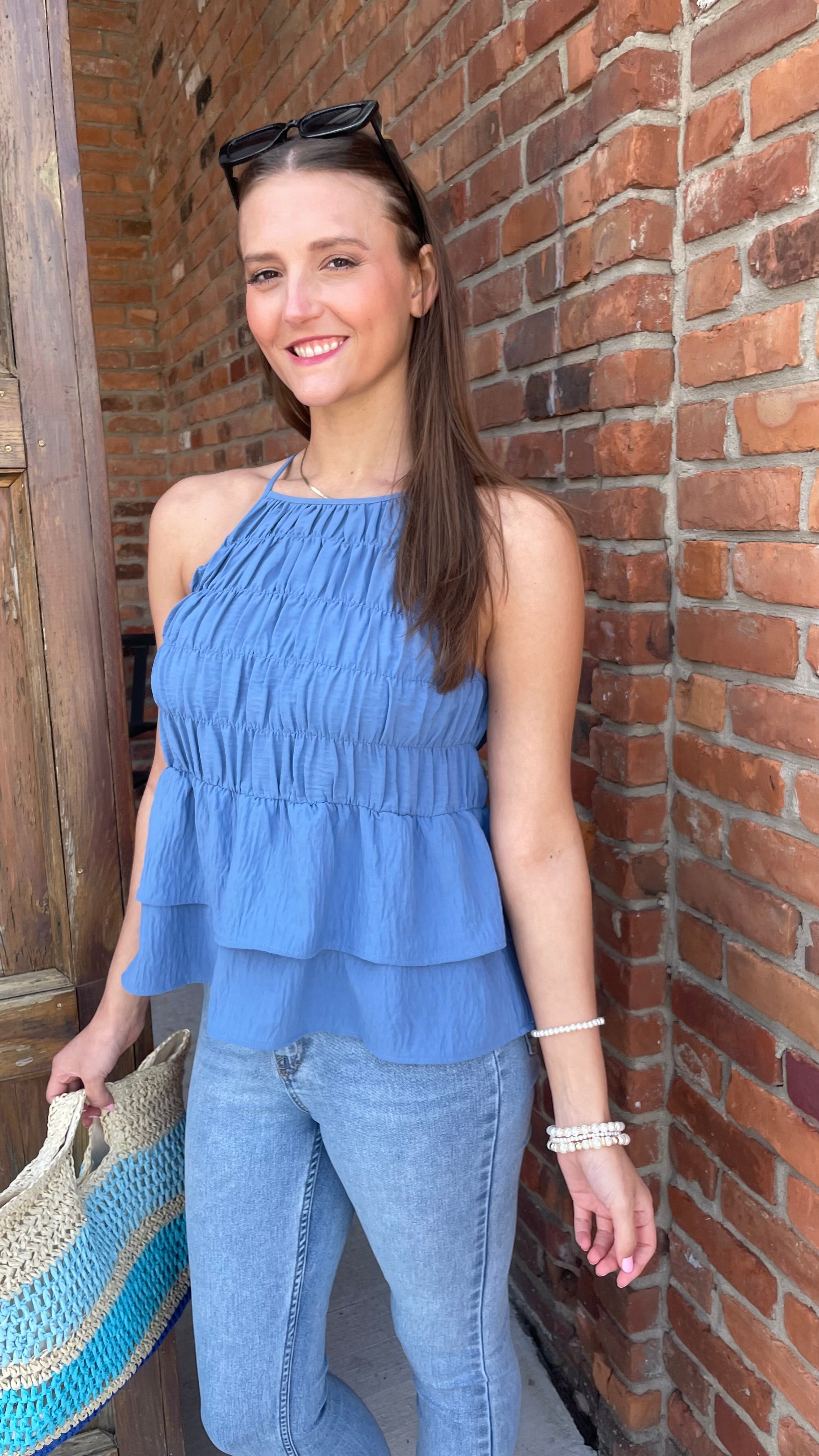 Ocean Blue Smocked Halter Neck Layered Peplum Top