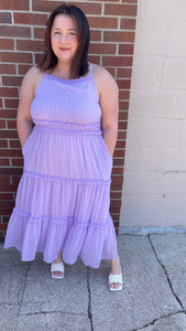 Lavender Swiss Dotted Ruffle Halter Midi Dress