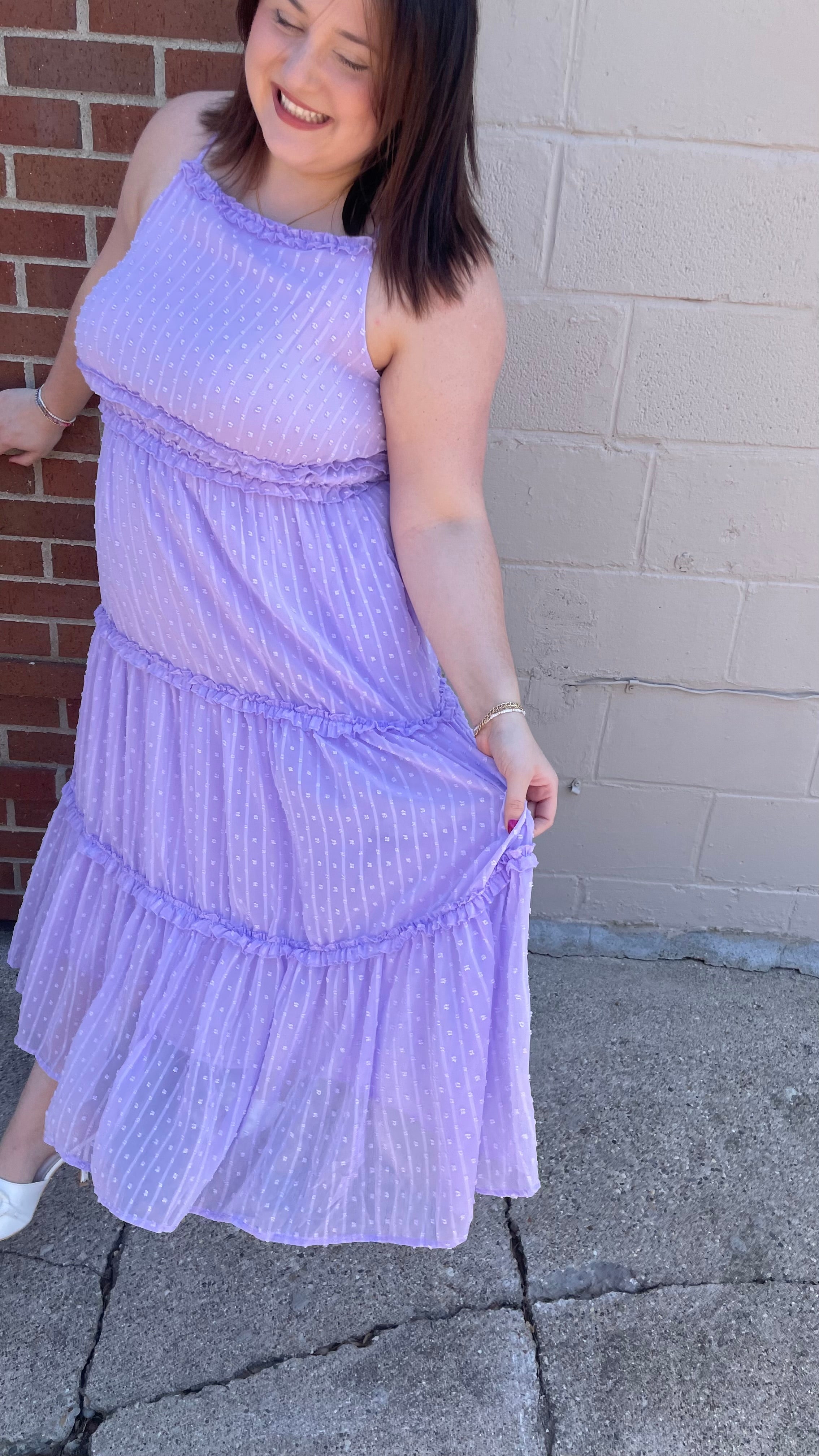 Lavender Swiss Dotted Ruffle Halter Midi Dress