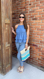 Ocean Blue Smocked Halter Neck Layered Peplum Top