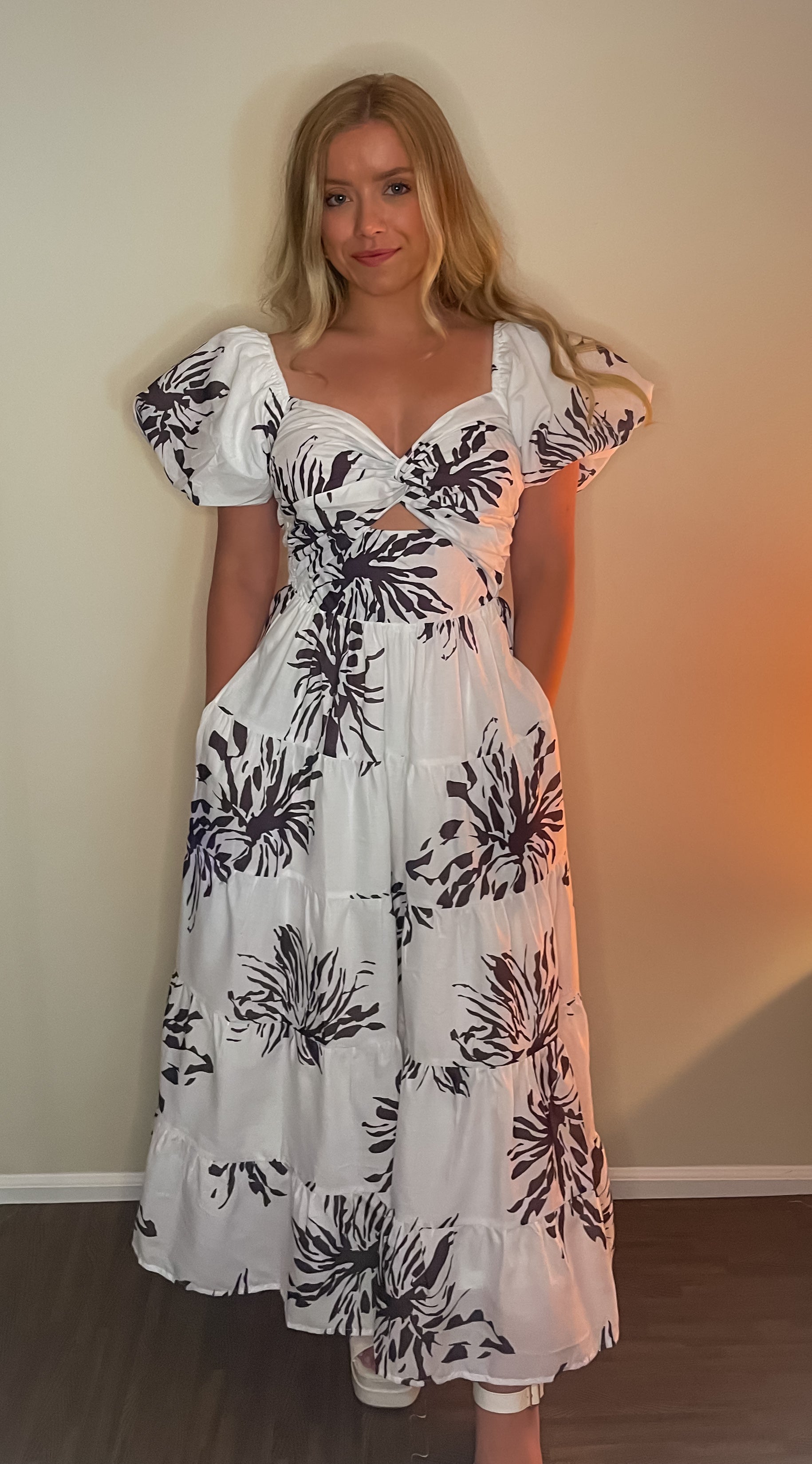 Elena Elegance White Patterned Maxi Dress