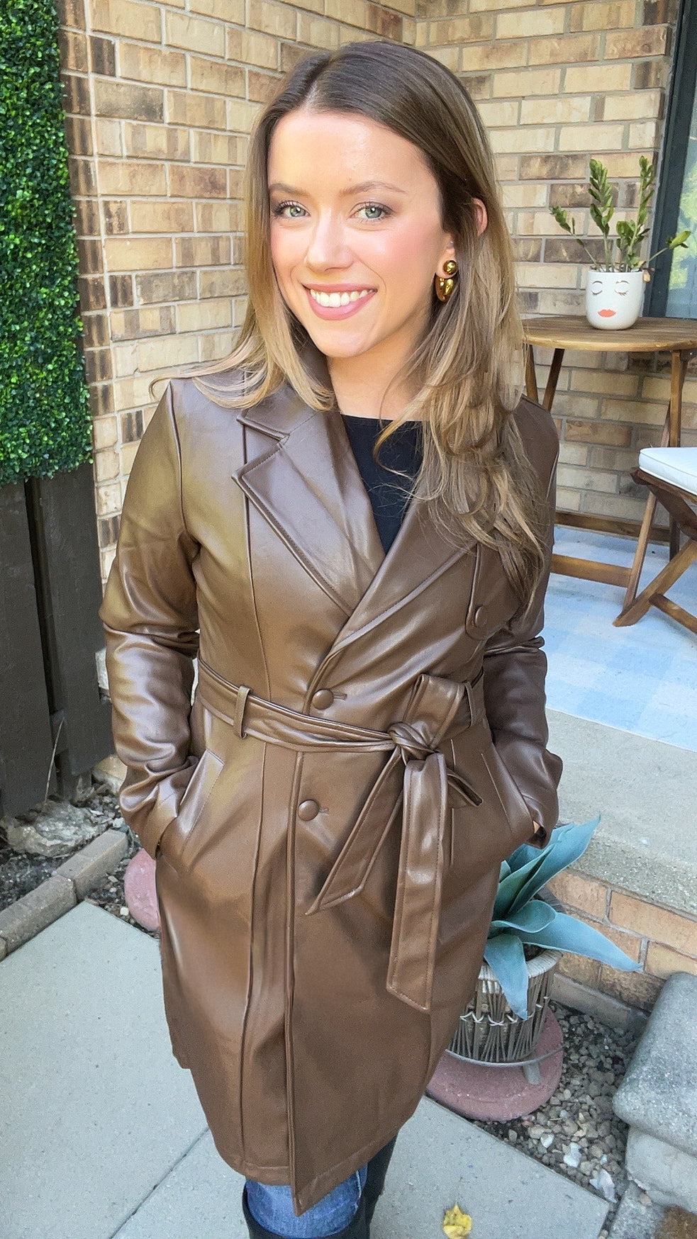Mocha Latte Faux Leather Trench Coat