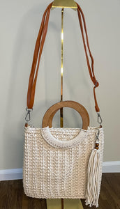 Fringe Adorned Hoop Handle Crochet Tote Bag