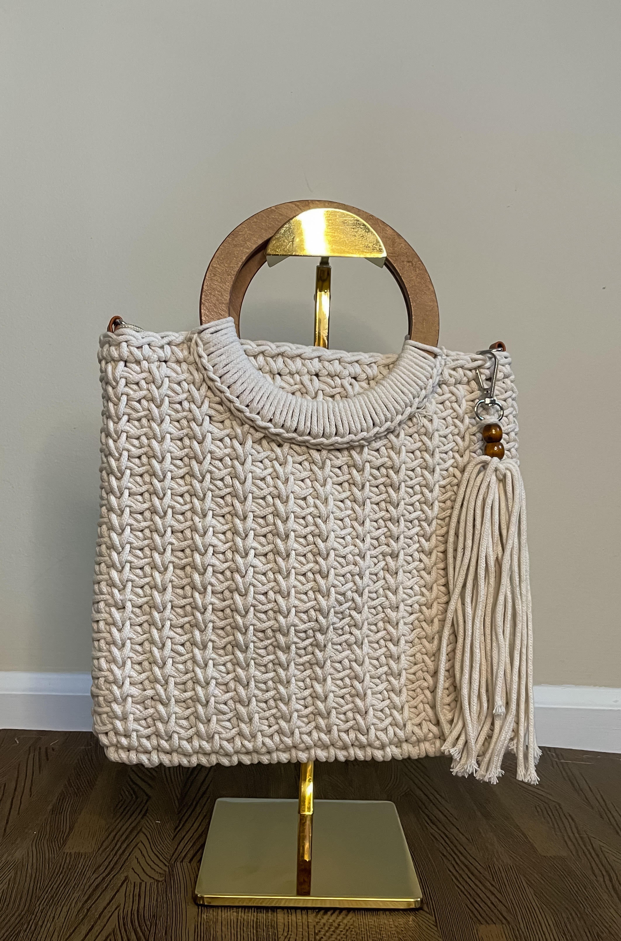 Fringe Adorned Hoop Handle Crochet Tote Bag