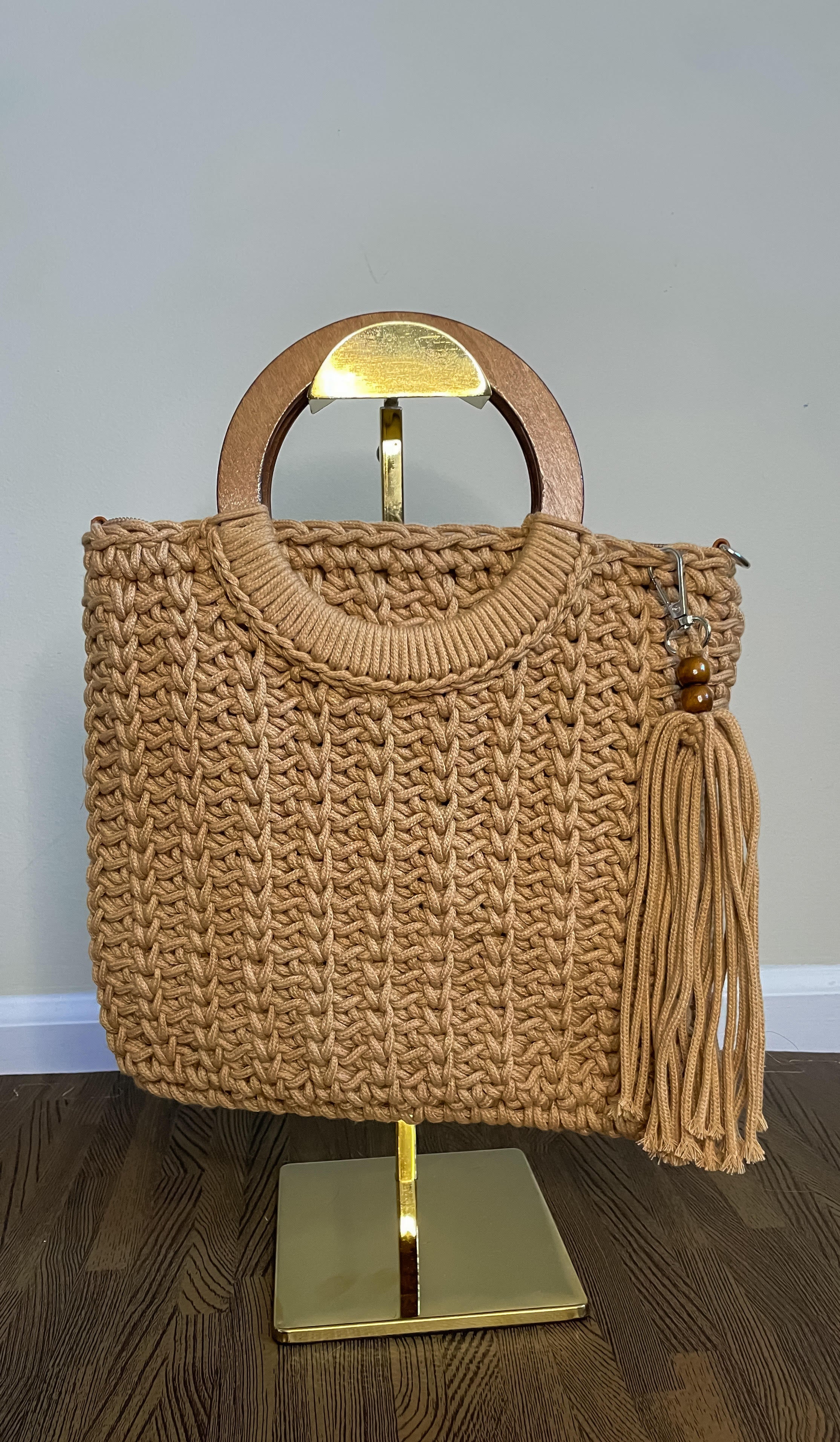 Fringe Adorned Hoop Handle Crochet Tote Bag