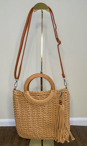 Fringe Adorned Hoop Handle Crochet Tote Bag